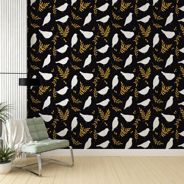 Bird Silhouette Wallpaper | White Birds and Gold Leaves