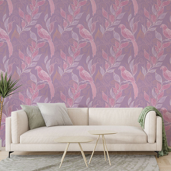 Parrot Wallpaper | Pink Birds on a Soft Lavender Ground