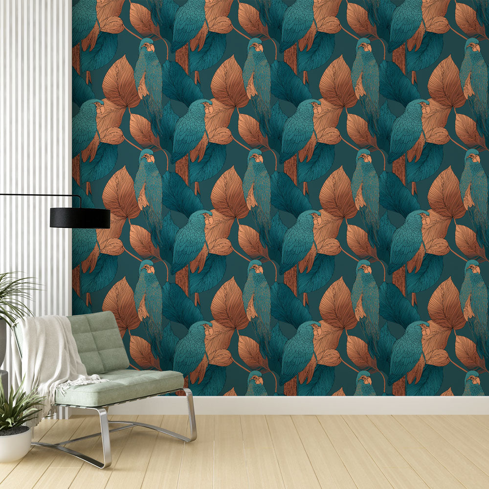 Bird and Foliage Wallpaper | Parrots on Deep Blue-Green