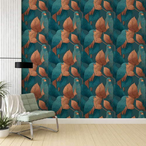 Parrot wallpaper with colorful parrots and gold leaves on a blue-green background