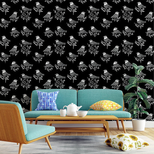 Monochrome wallpaper with stylised birds perched on foliage stems