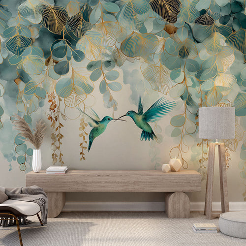 Bird wallpaper with hummingbirds in flight among green, blue, and gold leaves