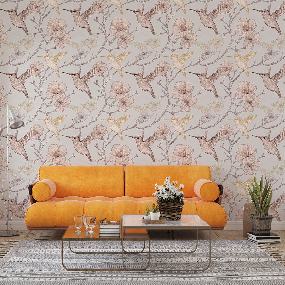 Hummingbird Wallpaper | Bird and Blossom Wall Mural in Pink