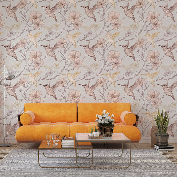 Hummingbird Wallpaper | Bird and Blossom Wall Mural in Pink