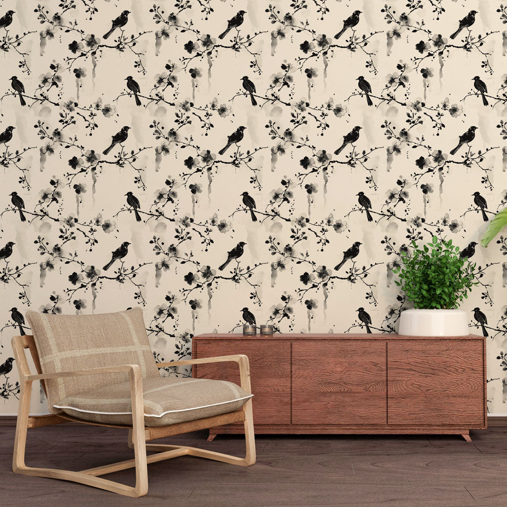 Birds & Florals Wallpaper | Black & White Branches Wall Mural