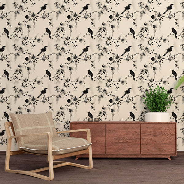 Birds & Florals Wallpaper | Black & White Branches Wall Mural