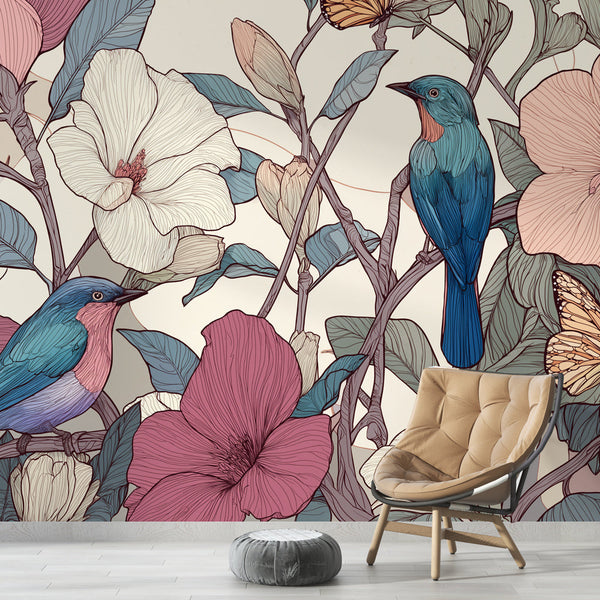 Bird and Flower Wallpaper | Birds, Blossoms and Butterflies