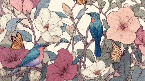 Bird and Flower Wallpaper | Birds, Blossoms and Butterflies
