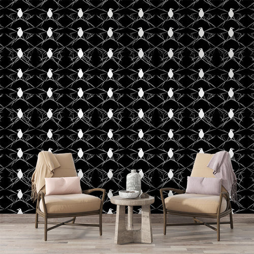 Black and white wallpaper with white birds emerging from spun webs