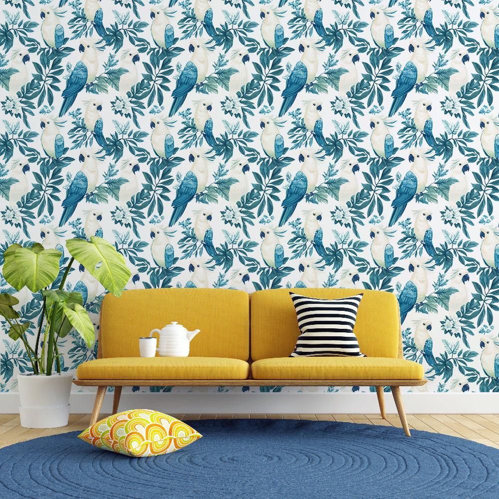 Exotic Bird Wallpaper | Parrots and Tropical Leaves in Blue