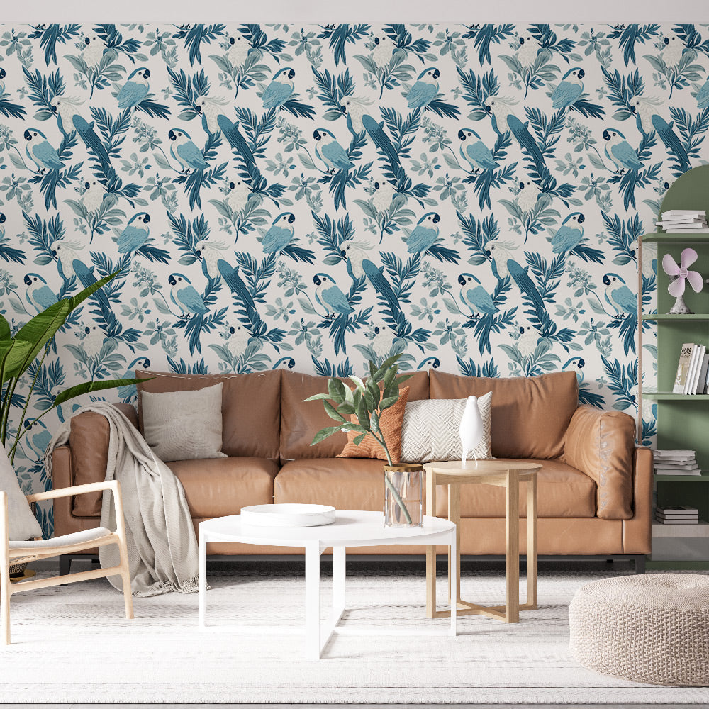 Exotic Bird Wallpaper | Parrots and Foliage in Shades of Blue