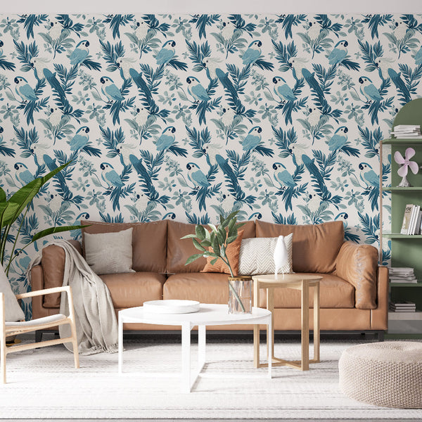 Exotic Bird Wallpaper | Parrots and Foliage in Shades of Blue