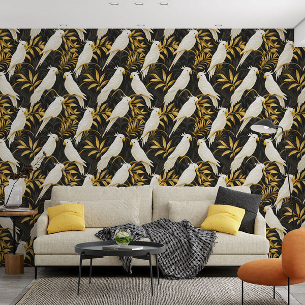 Exotic Bird Wallpaper | White Parakeets on a Black Ground
