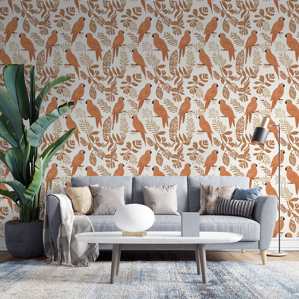 Parrot Wallpaper | Earthy Birds Framed by Soft Foliage