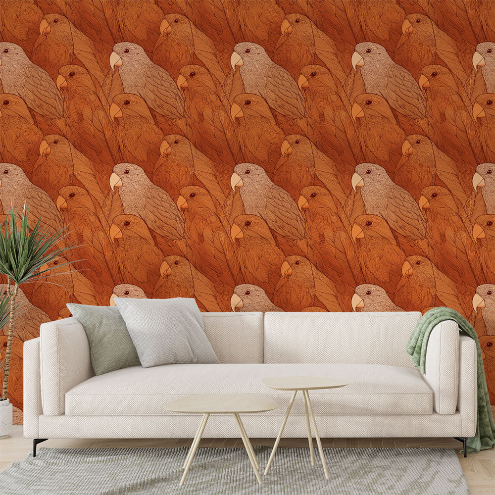 Parrot Wallpaper | Tropical Birds in Warm Rust and Brown