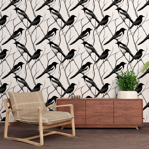 Bird Wallpaper | Black Bird Silhouettes on a White Ground