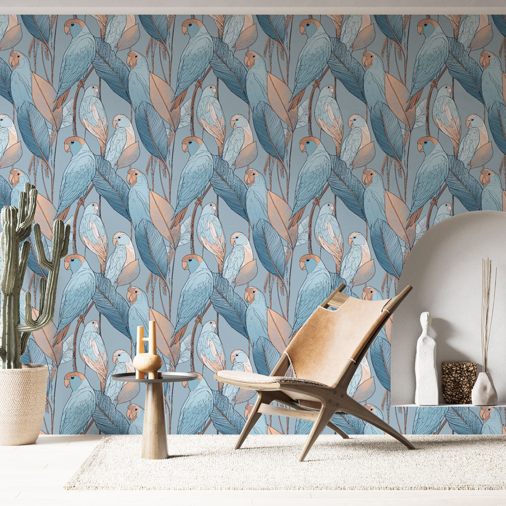 Bird Wallpaper | Parrots and Elegant Leaves in Blue and Peach