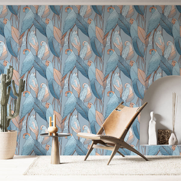 Bird Wallpaper | Parrots and Elegant Leaves in Blue and Peach