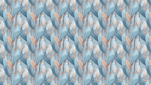 Bird Wallpaper | Parrots and Elegant Leaves in Blue and Peach