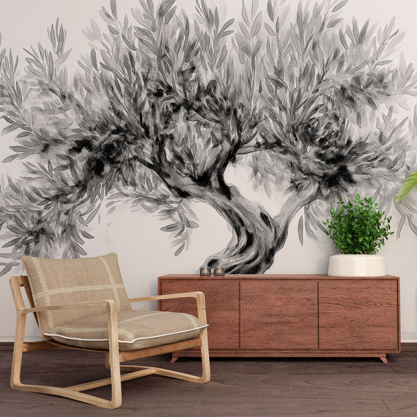 Olive Tree Wallpaper | Black and White Wall Mural