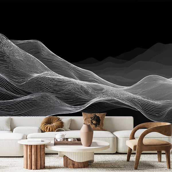 Abstract Wave Wallpaper | White Lines on Black Wall Mural