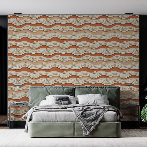 Sea Wave Wallpaper | Rippled Waves and Shells in Warm Tones