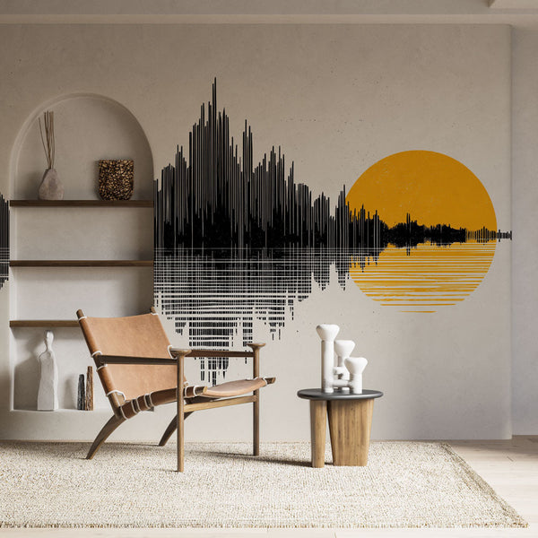 Sound Wave Wallpaper | Golden Sun Abstract Wall Mural
