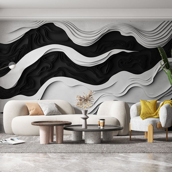 Wave Wall Mural | Design abstract black white avec pattern sinueux