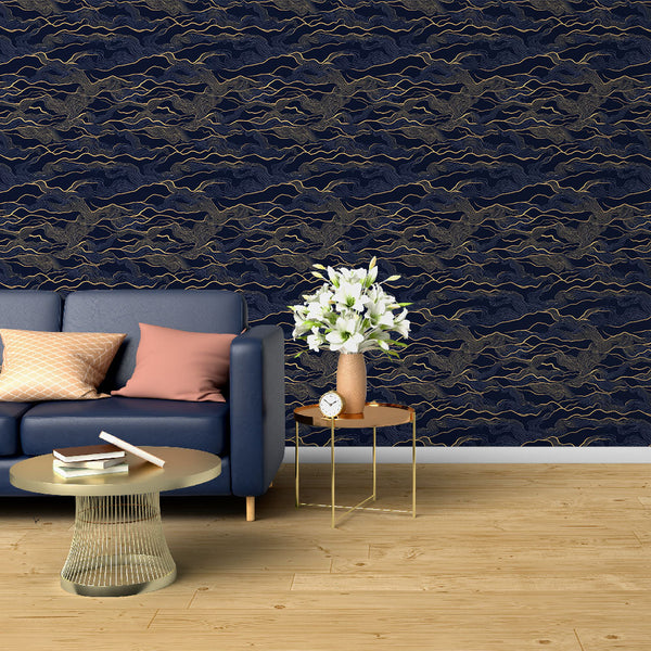 Marine Ripple Wallpaper | Golden Waves on Night Blue