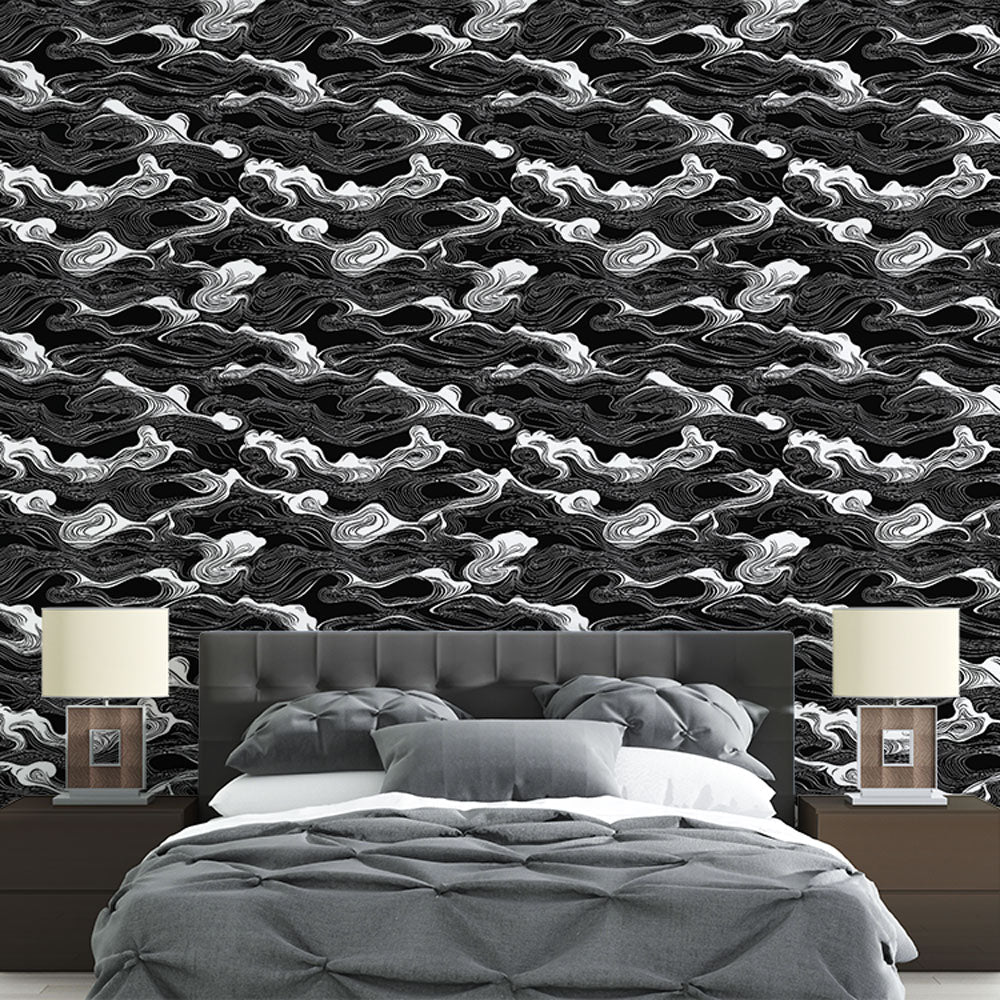 Ripples Wallpaper | Black & White Waves on Dark Wall Mural
