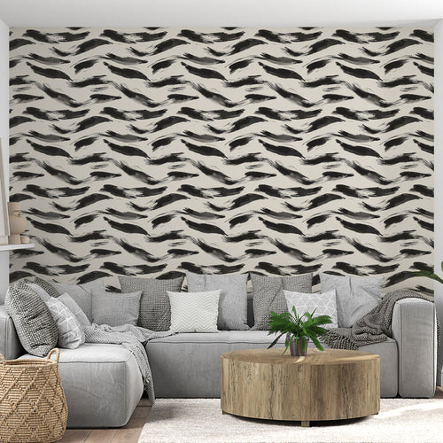 Black and white ripples wallpaper artistic flowing brushstrokes on cream