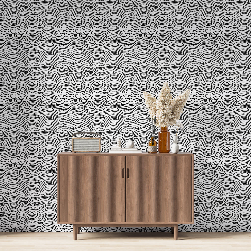 Black & White Wavy Wallpaper | Abstract Linear Waves Wall Mural