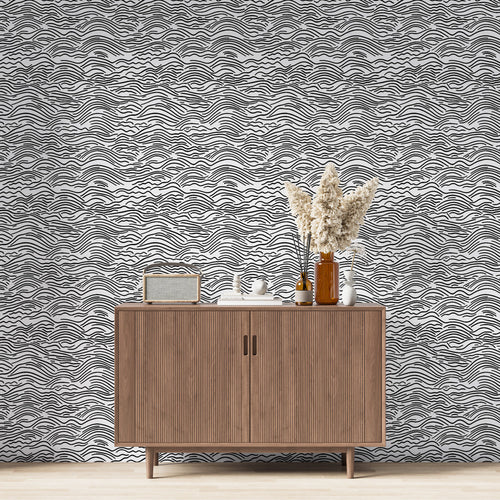 Black and white wavy wallpaper with abstract linear waves design