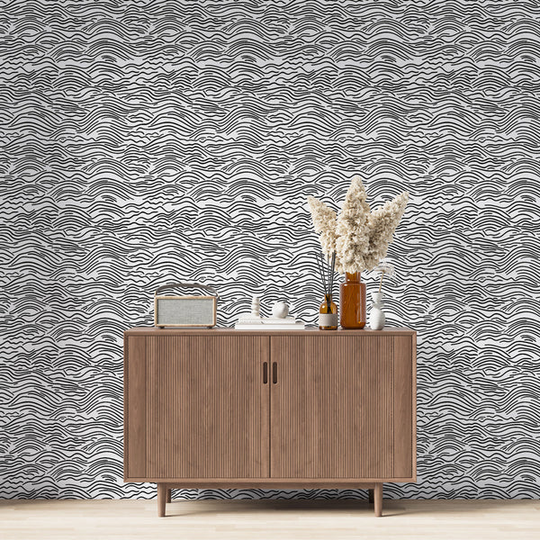 Black & White Wavy Wallpaper | Abstract Linear Waves Wall Mural