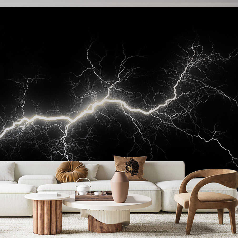Storm Wallpaper | White Lightning on Black Wall Mural