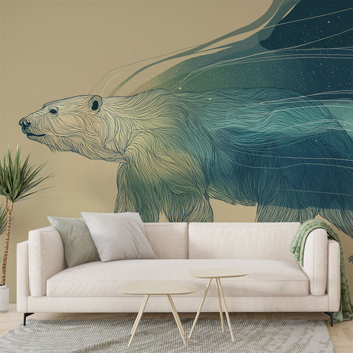 Artistic bear wallpaper with a stylized bear and flowing green and blue color waves