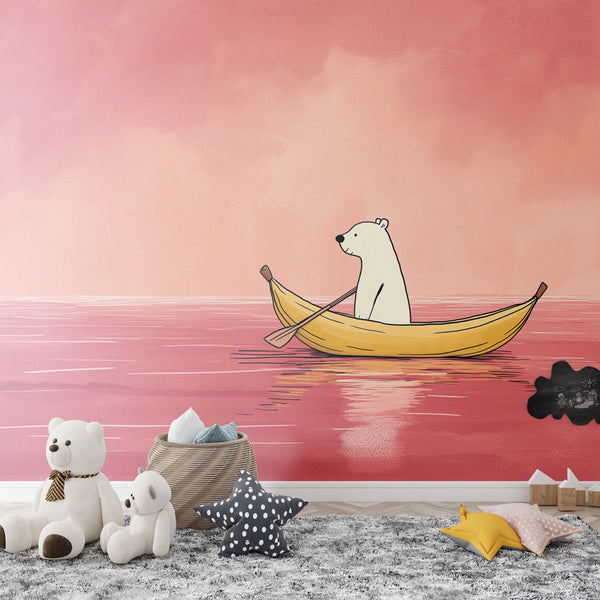 Polar Bear in a Boat Wallpaper | Pink Sunset Sea Mural