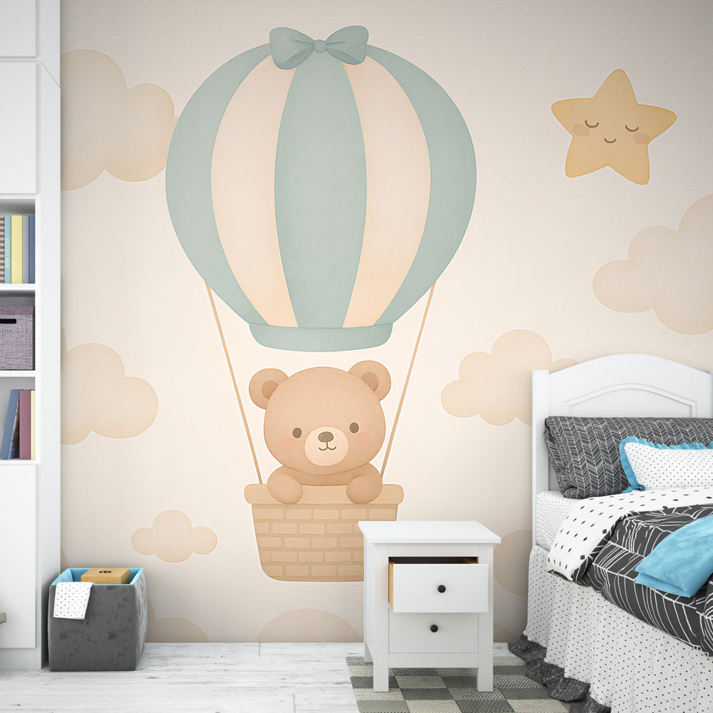 Bear Balloon Wallpaper | Teddy and Soft Clouds for Kids