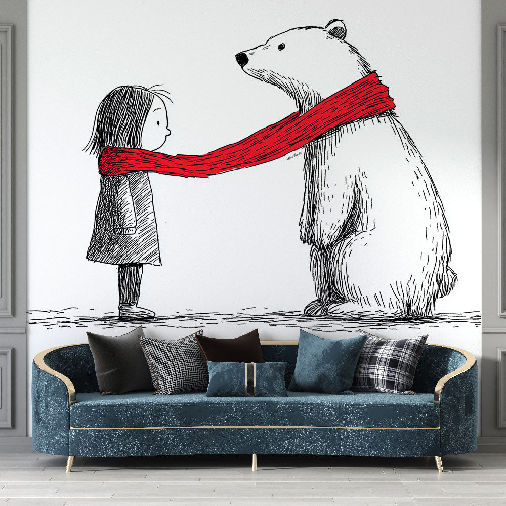Bear and Child Wallpaper | Line Art with a Red Scarf