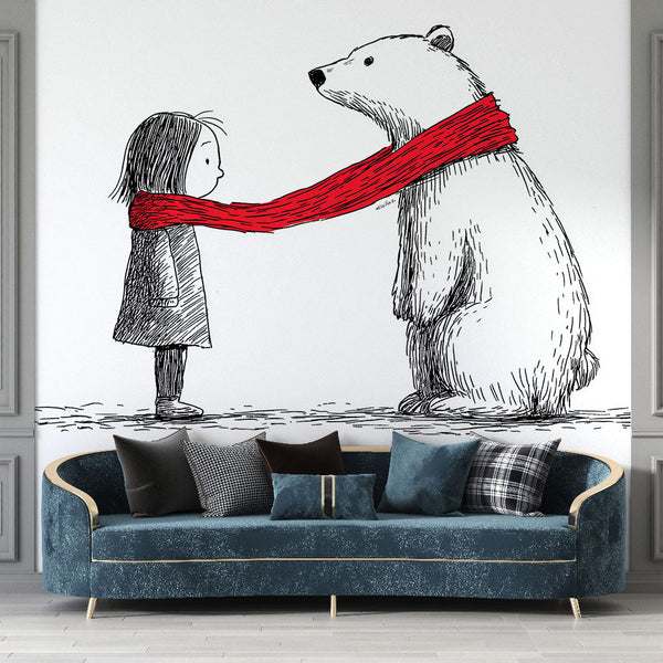 Bear and Child Wallpaper | Line Art with a Red Scarf