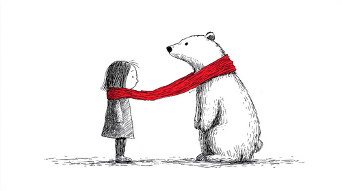 Bear and Child Wallpaper | Line Art with a Red Scarf