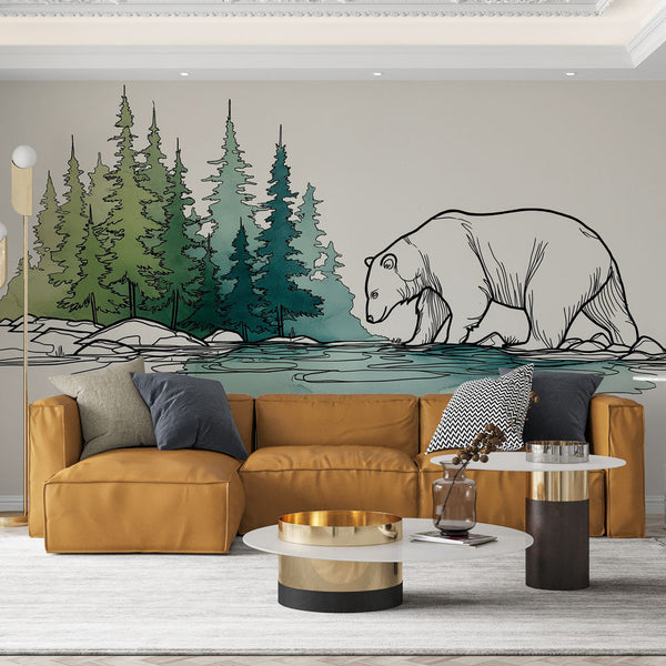 Bear and Forest Wallpaper | Bear by a Lake with Stylized Firs