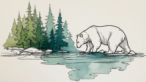Bear and Forest Wallpaper | Bear by a Lake with Stylized Firs