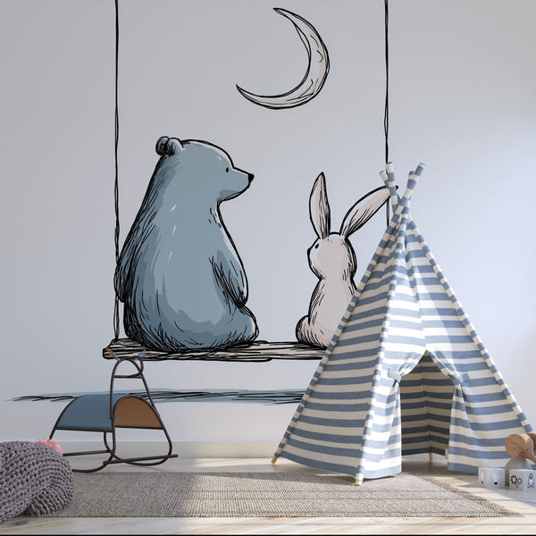 Bear and Rabbit Wallpaper | Swinging under the Moon