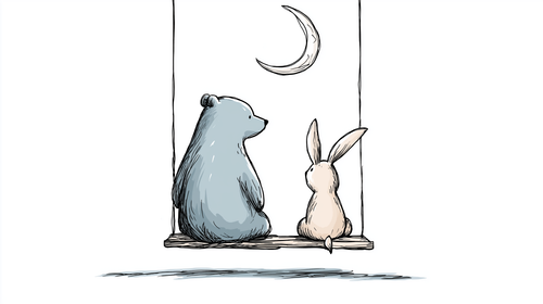 Bear and Rabbit Wallpaper | Swinging under the Moon