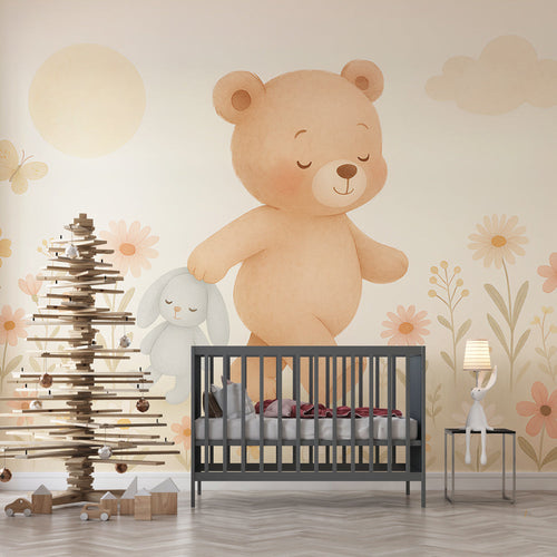 Pastel wallpaper with a bear carrying a blue bunny through a flower field