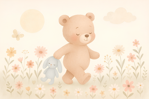 Bear and Rabbit Wallpaper | Bear with a Blue Bunny in Blooms