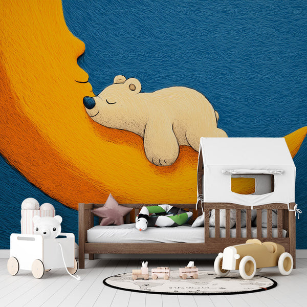 Bear and Moon Wallpaper | Polar Bear Hugging a Golden Moon