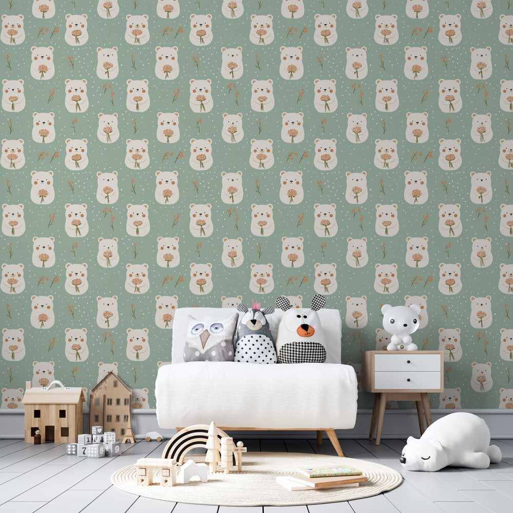 Cute Bear Wallpaper | Bears with Flowers and Scarves Wall Mural