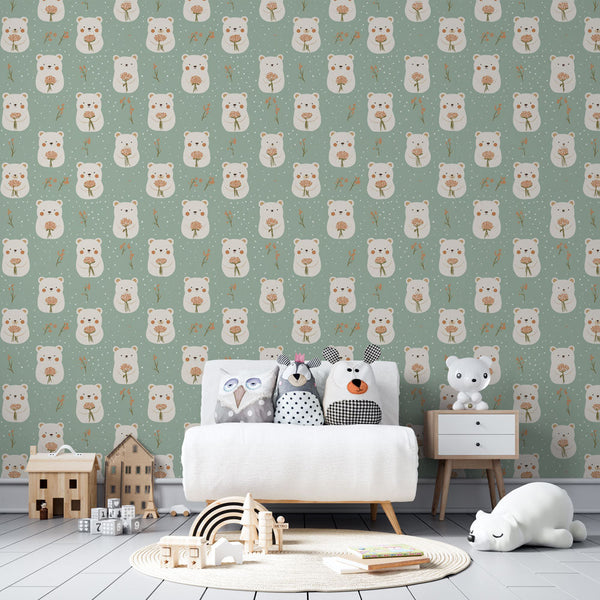 Cute Bear Wallpaper | Bears with Flowers and Scarves Wall Mural